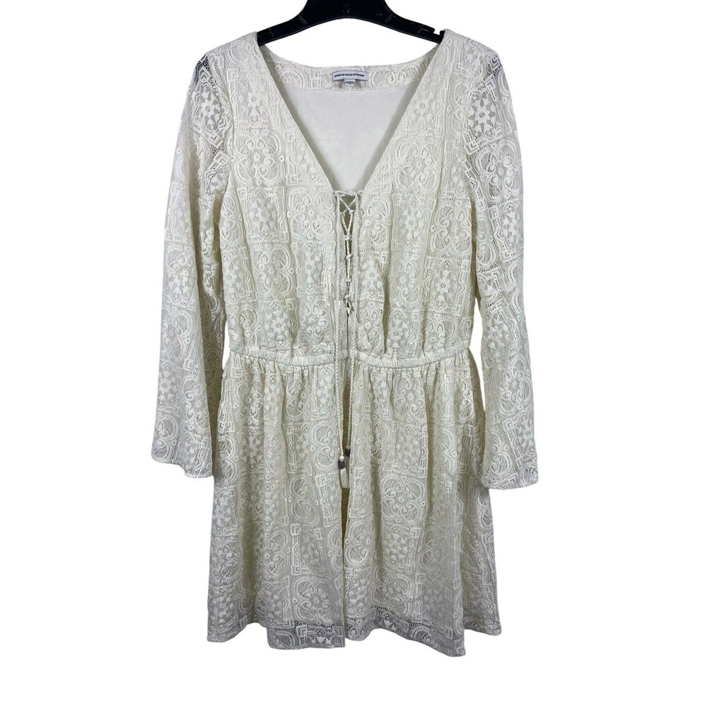 American Eagle Ivory Lace Dress L Lace Up Cottagecore Festival Mini